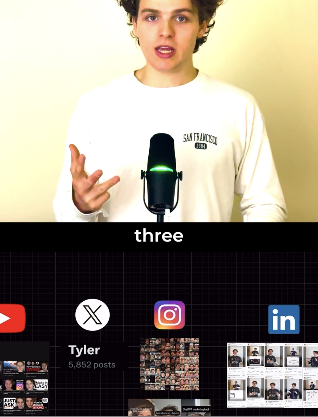 A wall of YouTube, Instagram, X, and LinkedIn content