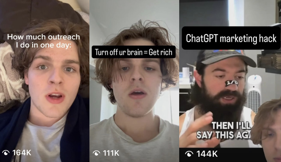 Three social media videos with 164K, 111K, and 144K views