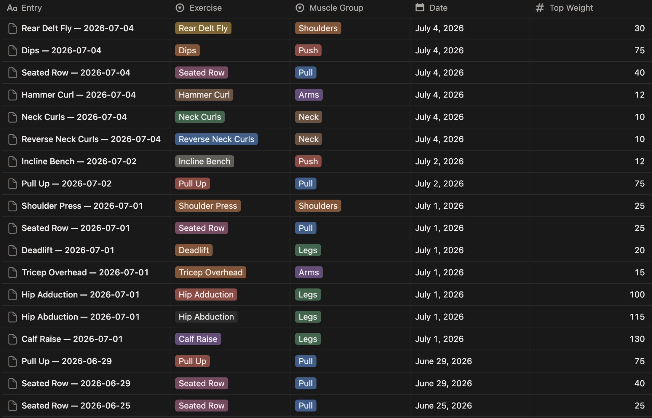 Notion gym data table